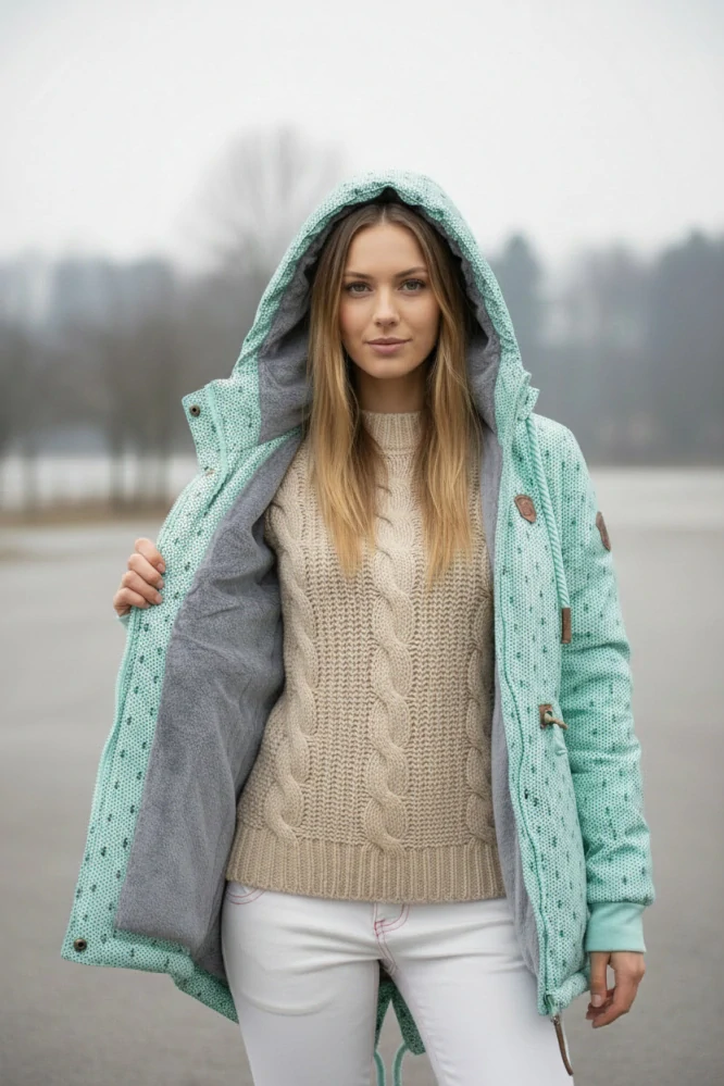 Dámská zimní parka s kožíškem VINTE velké velikosti 2XL až 6XL zelinkavá Již pouze vel. XXXL