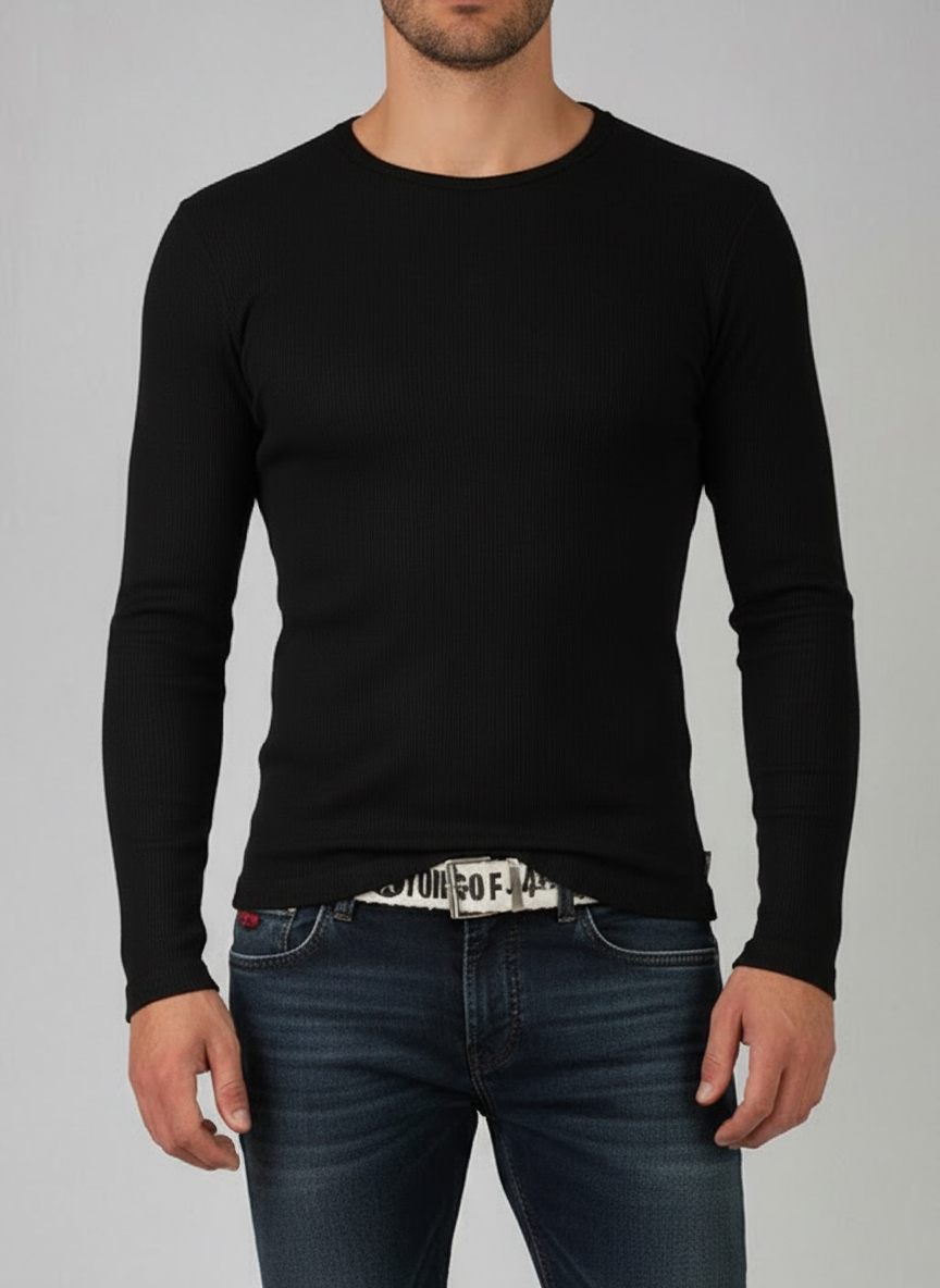 Pánské žebrované elastické triko s dlouhým rukávem-  černé